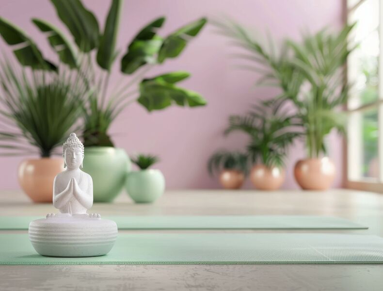 Studio de yoga avec une statue de Bouddha
