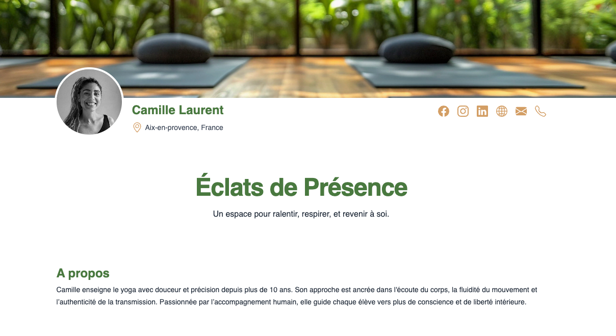 Screenshot d'une page profil pour les professeurs de yoga sur Yoga Pure Life Pro