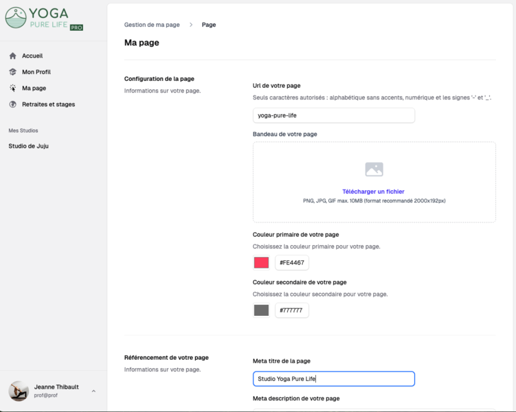 Capture d'écran de l'interface de gestion de studio